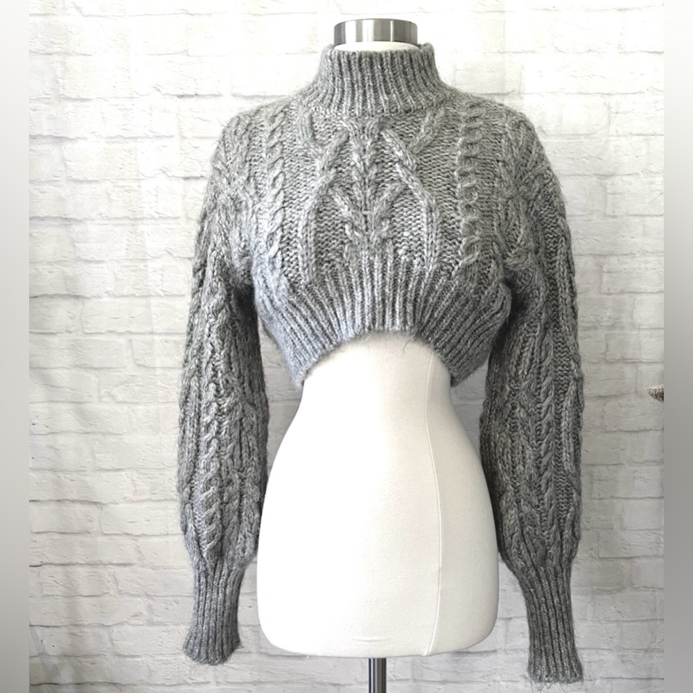 Zara Grey Cable Knit Cropped Turtleneck Sweater